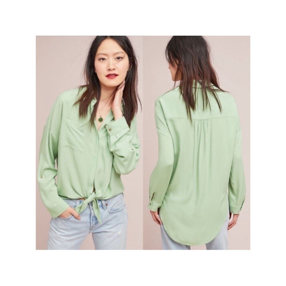 Maeve for Anthropologie Sandbridge green tie-front button-down shirt